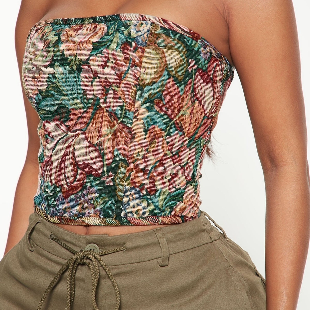 Fashion Nova Floral Strapless Smocked Tube Top - Green Multi